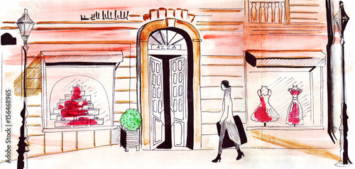 Illustration sketch street with fashion stores and a woman customer going shopping