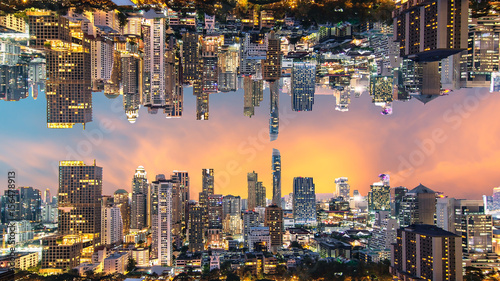 Aerial view of Bangkok modern office buildings, condominium in Bangkok city downtown with sunset sky , Bangkok , Thailand