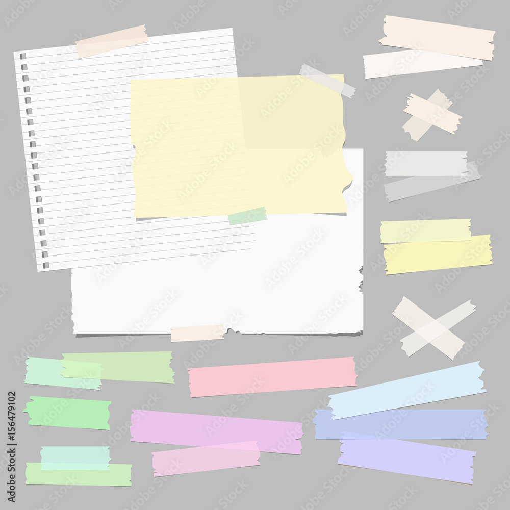Multiple pieces of sticky tape and different size and shape notepaper on grey background 