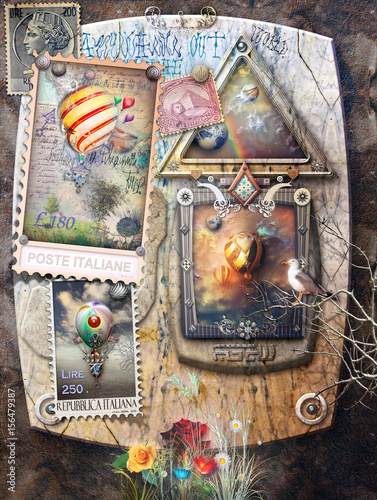 Magic travels with montgolfiers.Background with hot air balloons stamps