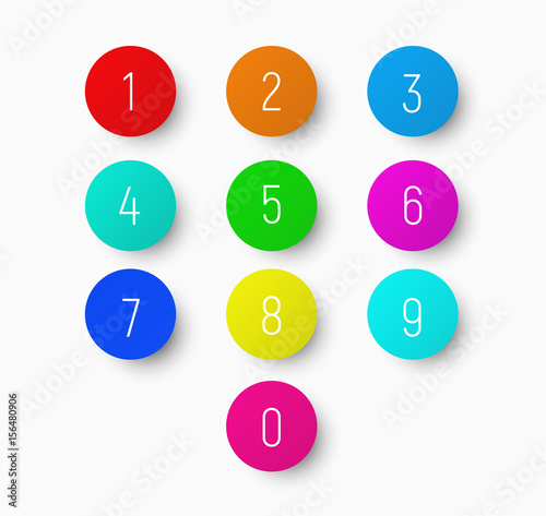 set of numbers from 1 to 9 on a round multicolored button with a shadow.