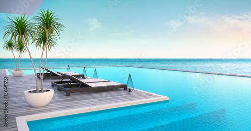 Fototapeta Naklejka Na Ścianę i Meble -  Beach lounge ,sun loungers on Sunbathing deck and private swimming pool with  panoramic sea view at luxury villa/3d rendering