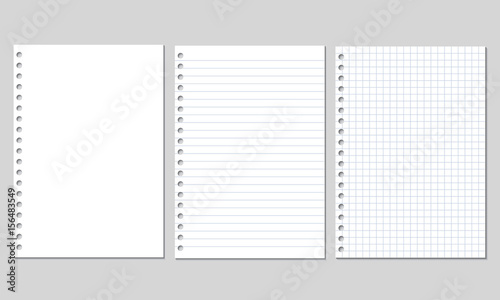 Set of realistic vector illustration of blank sheets of square and lined paper from a block isolated on a gray background