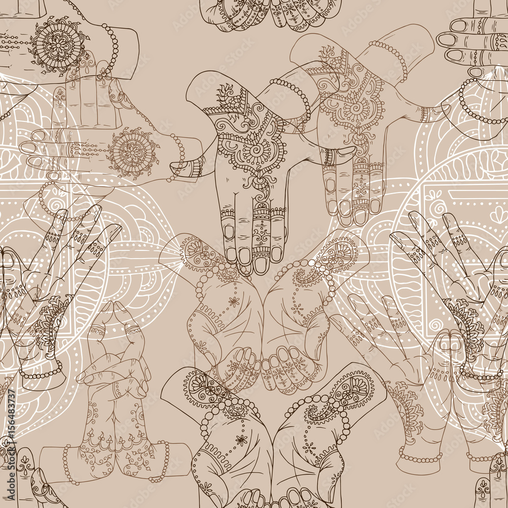 Obraz premium Seamless background with silhouettes of chakras and mudras