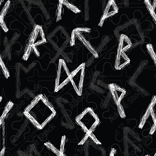 Seamless pattern with hand drawn scandinavian runes on black