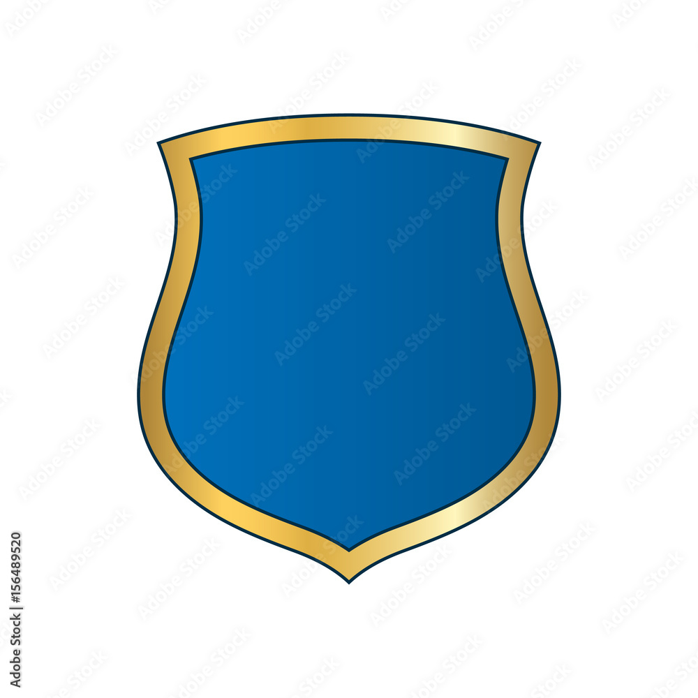 Gold-blue shield shape icon. Bright logo emblem metallic sign isolated on white background. Empty shape shield. Symbol of security, protection, defense. Shiny element design Vector illustration Gold-blue shield shape icon. Bright logo emblem metallic sign isolated on white background. Empty shape shield. Symbol of security, protection, defense. Shiny element design Vector illustration