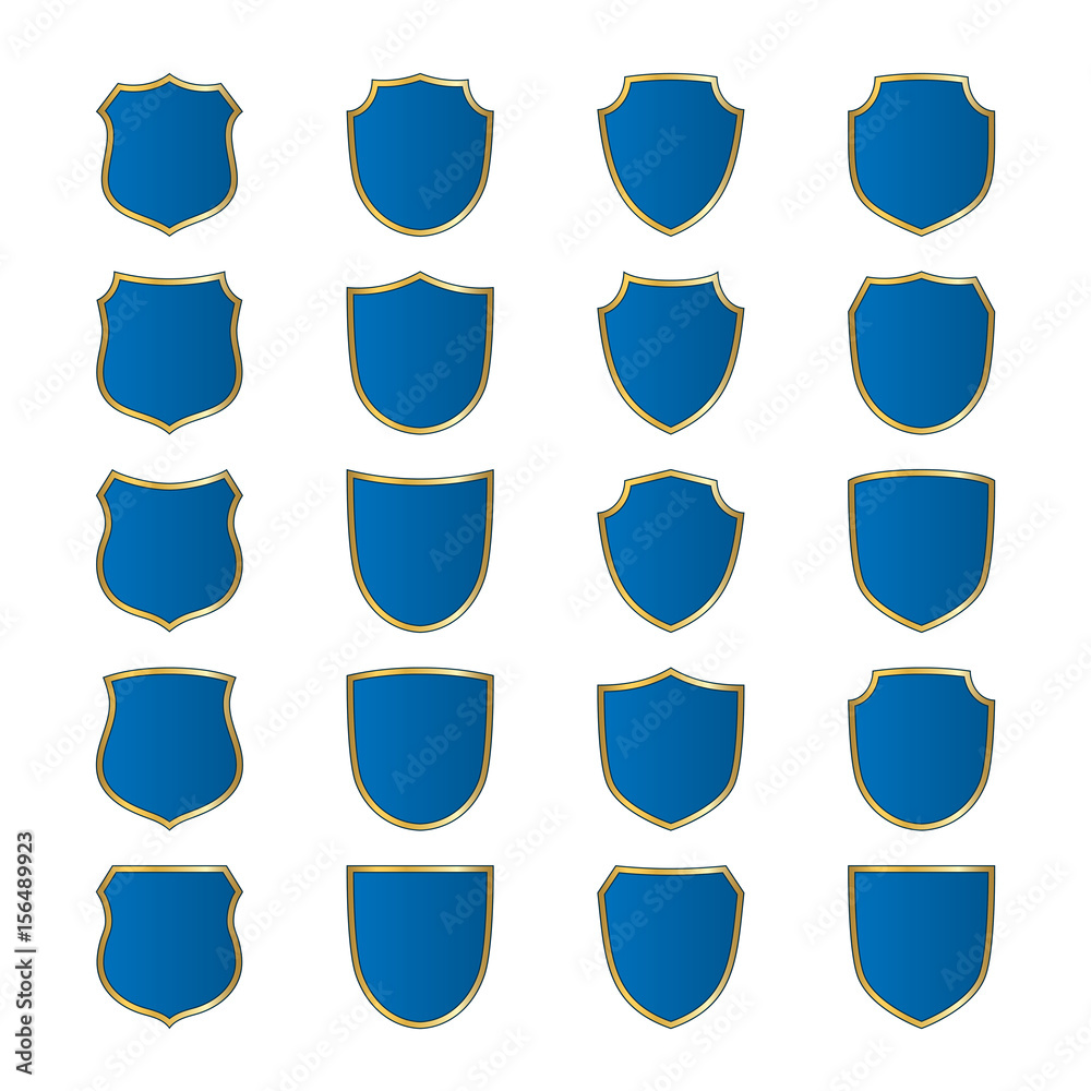 Gold-blue shield shape icons set. Bright logo emblem sign isolated on white background. Empty shape shield. Symbol of security, protection, defense. Shiny element design Vector illustration Gold-blue shield shape icons set. Bright logo emblem sign isolated on white background. Empty shape shield. Symbol of security, protection, defense. Shiny element design Vector illustration
