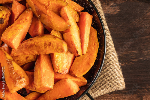 Overhead photo of roasted sweet potatoes in pan