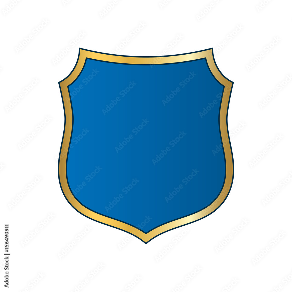 Gold-blue shield shape icon. Bright logo emblem metallic sign isolated on white background. Empty shape shield. Symbol of security, protection, defense. Shiny element design Vector illustration Gold-blue shield shape icon. Bright logo emblem metallic sign isolated on white background. Empty shape shield. Symbol of security, protection, defense. Shiny element design Vector illustration