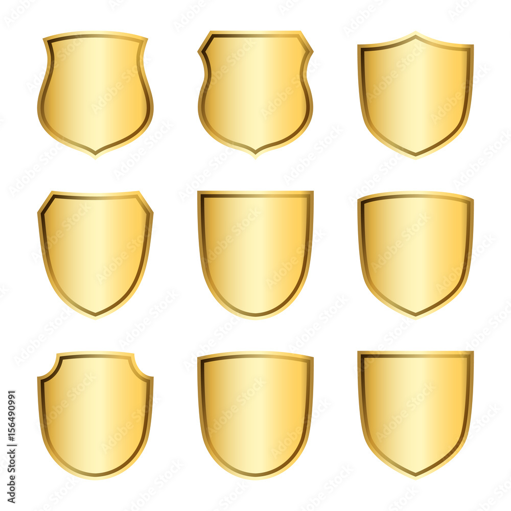 Gold shield shape icons set. 3D golden emblem signs isolated on white background. Symbol of security, power, protection. Badge shape shield graphic design Vector illustration Gold shield shape icons set. 3D golden emblem signs isolated on white background. Symbol of security, power, protection. Badge shape shield graphic design Vector illustration