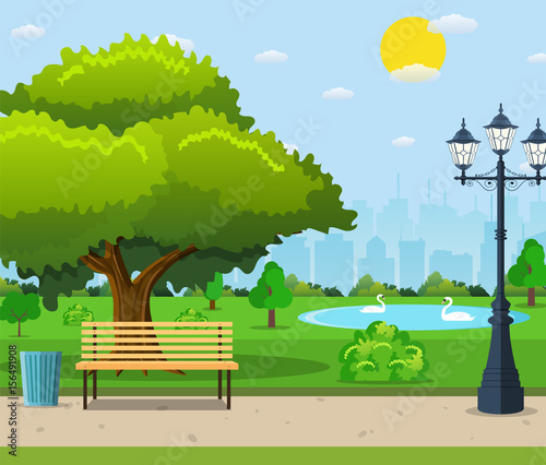 City park bench under a big green tree