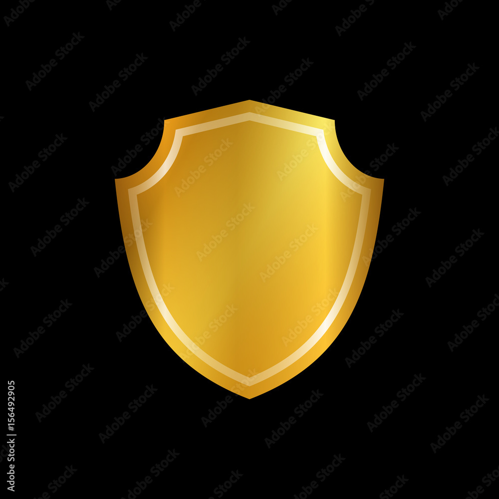 Gold shield shape icon. 3D golden emblem sign isolated on black background. Symbol of security, power, protection. Badge shape shield graphic design Vector illustration Gold shield shape icon. 3D golden emblem sign isolated on black background. Symbol of security, power, protection. Badge shape shield graphic design Vector illustration