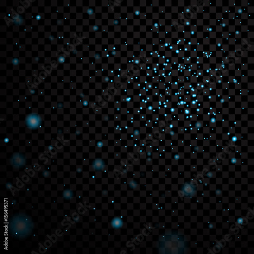Blue stars black night sky transparent background. Abstract bokeh glowing space design. Starry milky way. Galaxy golden starlight shine sparkle. Golden shiny fantasy glow in dark Vector illustration