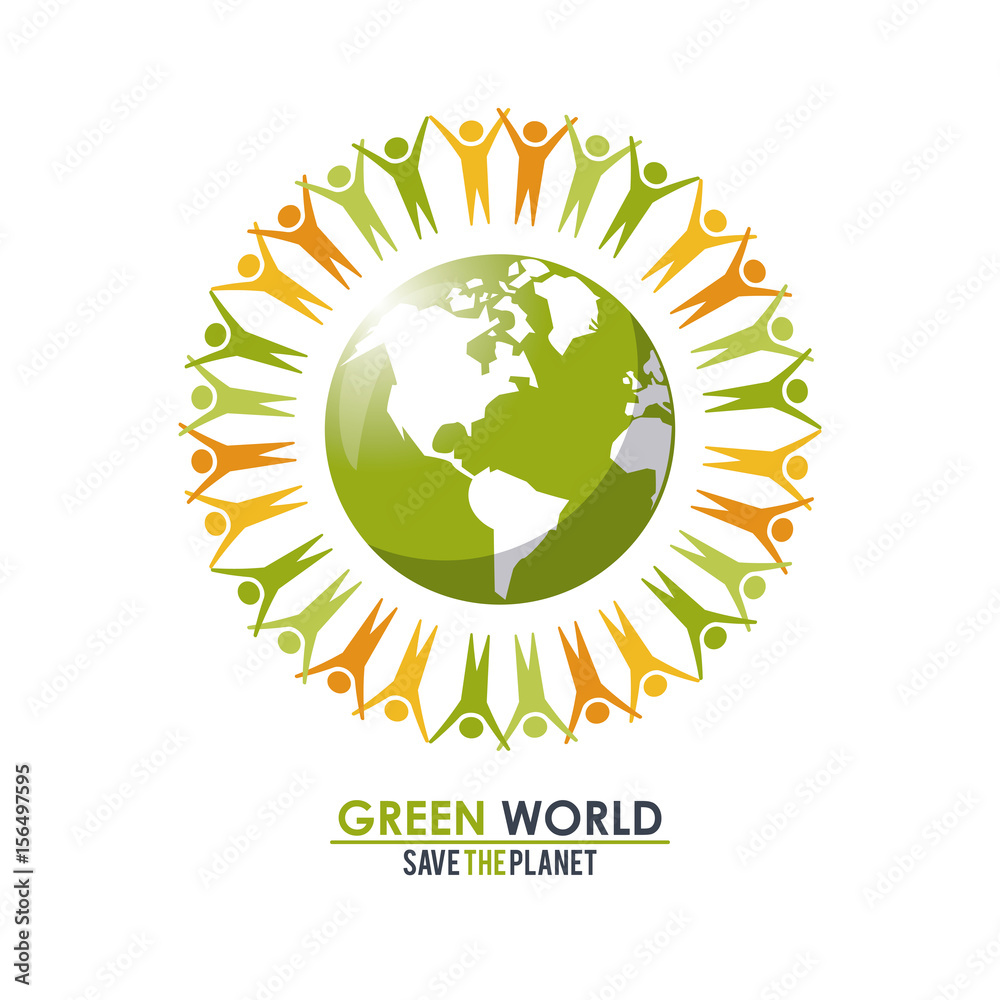 group of people around the planet concept green world vector illustration