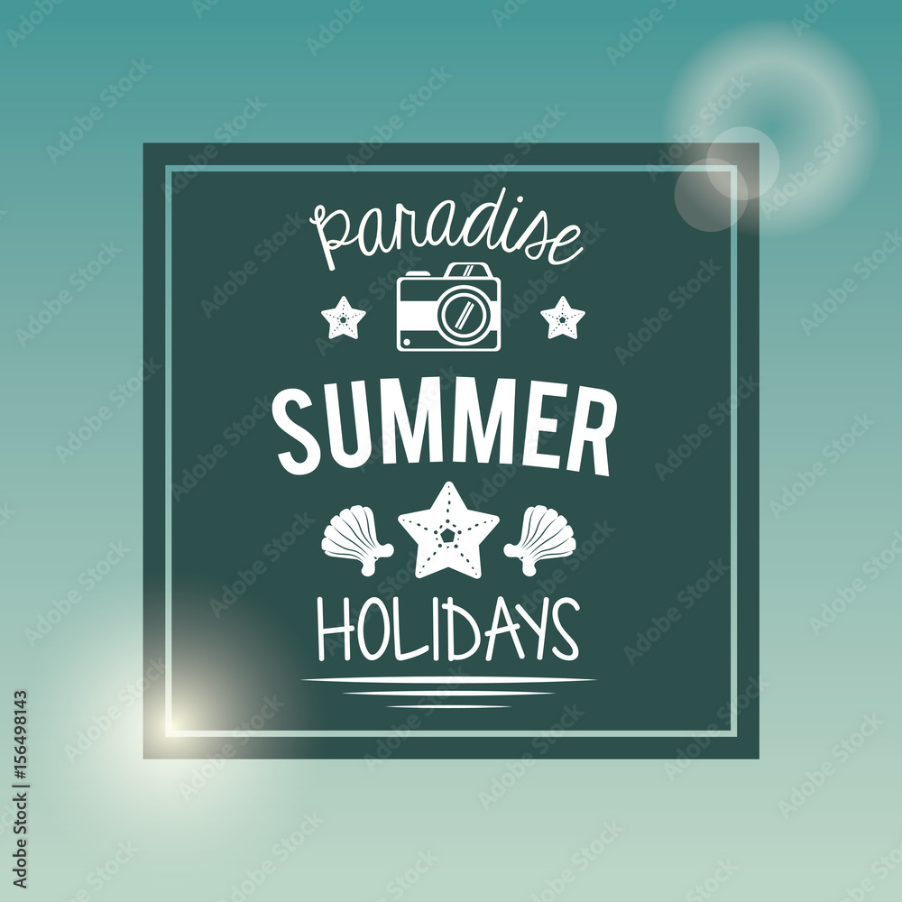 poster with square frame of logo text paradise summer holidays with camera vector illustration