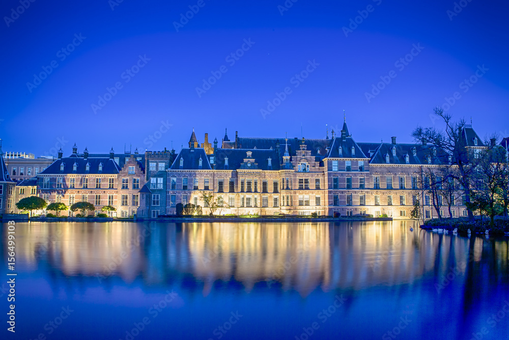 Binnenhof Palace of Parliament inThe Hague in The Netherlands Shot During Blue Hour Time.