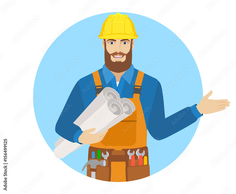Welcome! Worker holding the project plans and showing something beside of him Welcome! Worker holding the project plans and showing something beside of him
