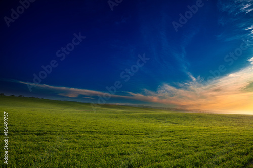 Green Field and Beautiful Sunset