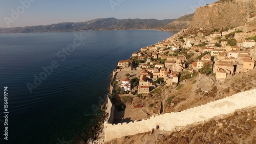 Aerial drone video of Monemvasia medieval castle in Peloponnese, Greece photo