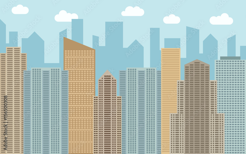 Vector urban landscape illustration. Street view with cityscape, skyscrapers and modern buildings at sunny day. City space in flat style background concept.
