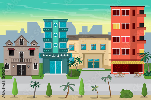 Street resort beach town with hotels. The first line of hotels i