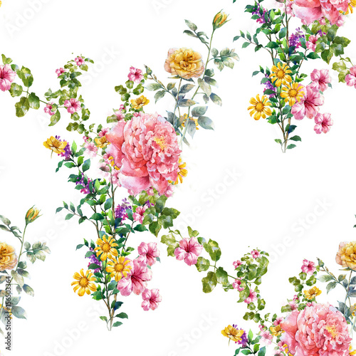 Watercolor painting of leaf and flowers, seamless pattern on white background