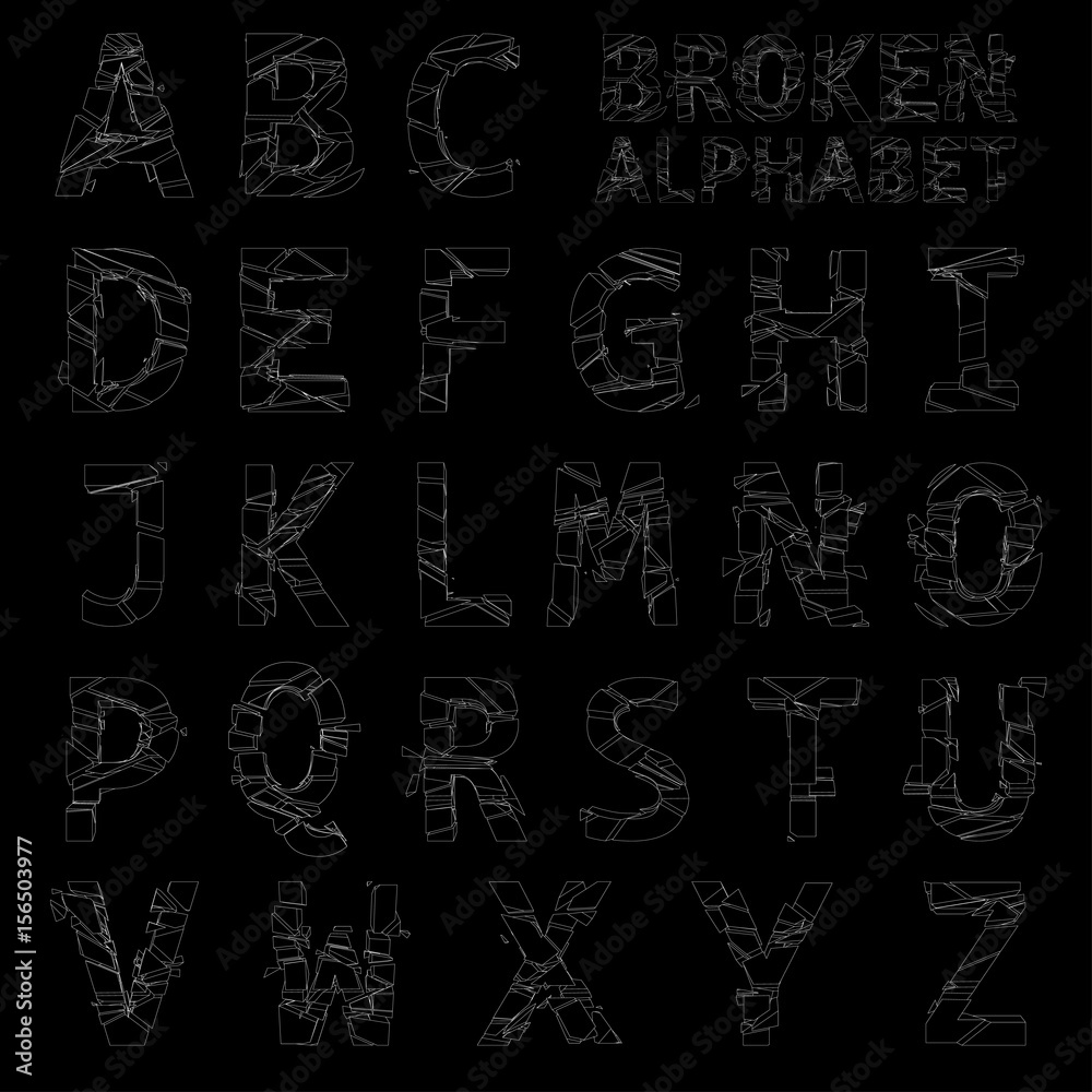 Alphabet from broken letters. Linear graphics.