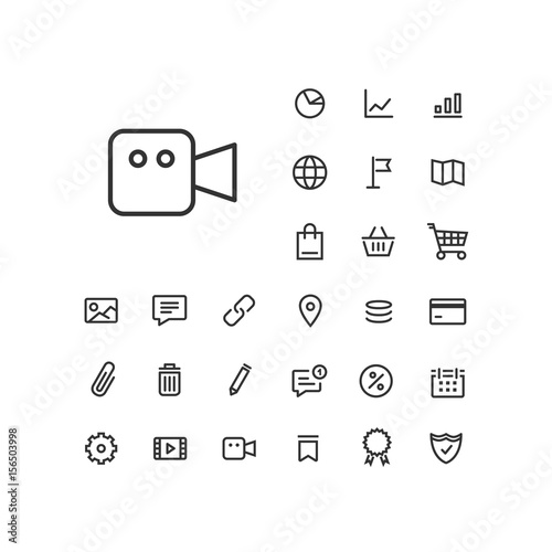 Video camera icon in set on the white background. Universal linear icons to use in web and mobile app.