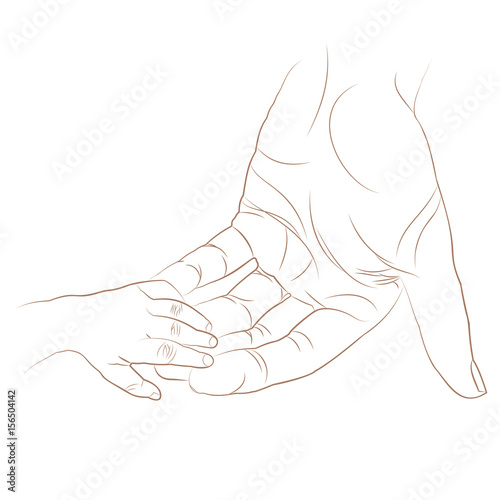 Hands of father and son. Line drawing.