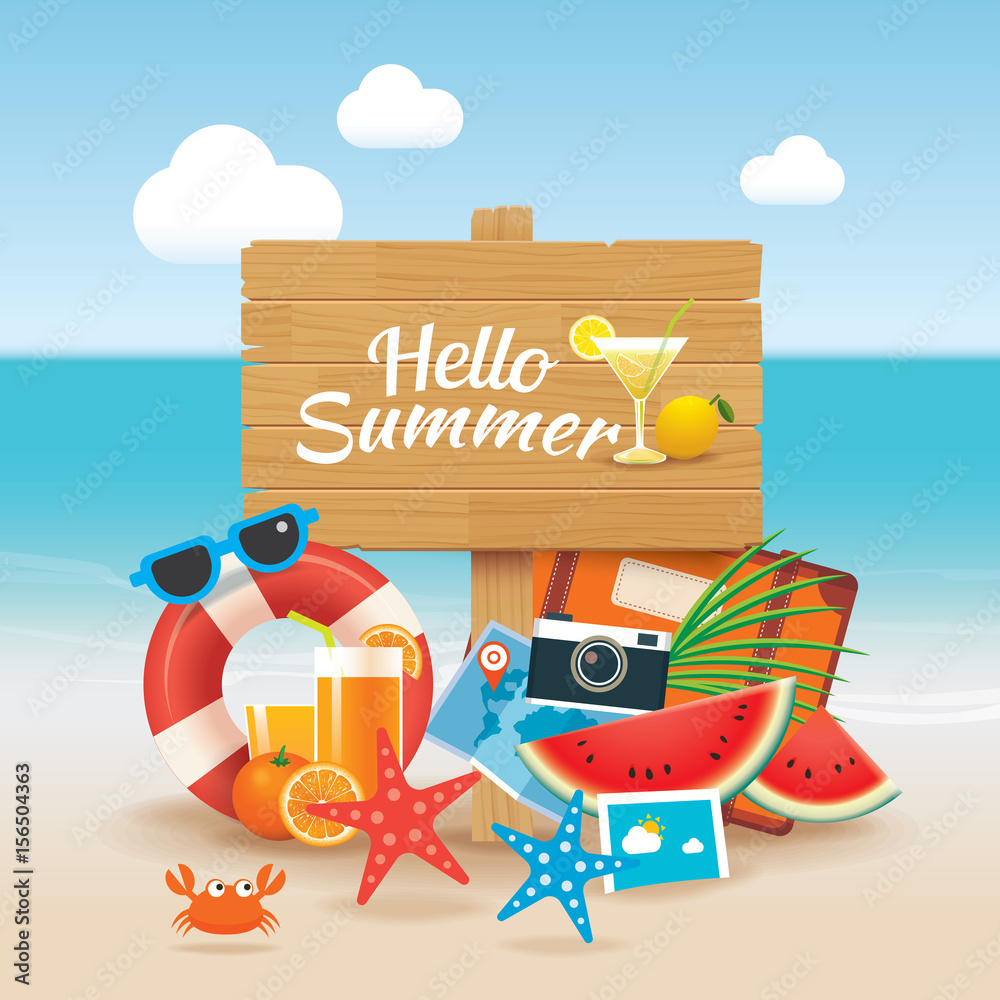 Fototapeta premium hello summer time travel season banner design and colorful beach elements in background.
