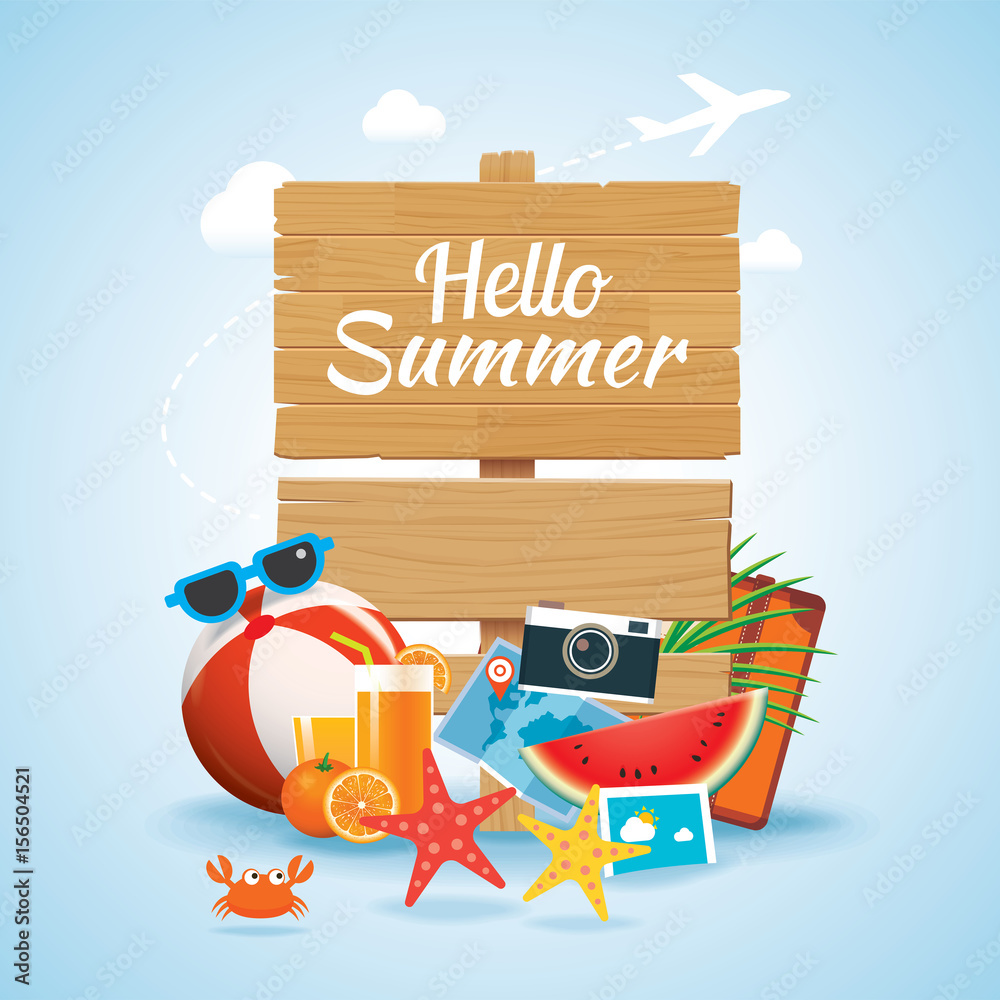 Obraz premium hello summer time travel season banner design and colorful beach elements in background.