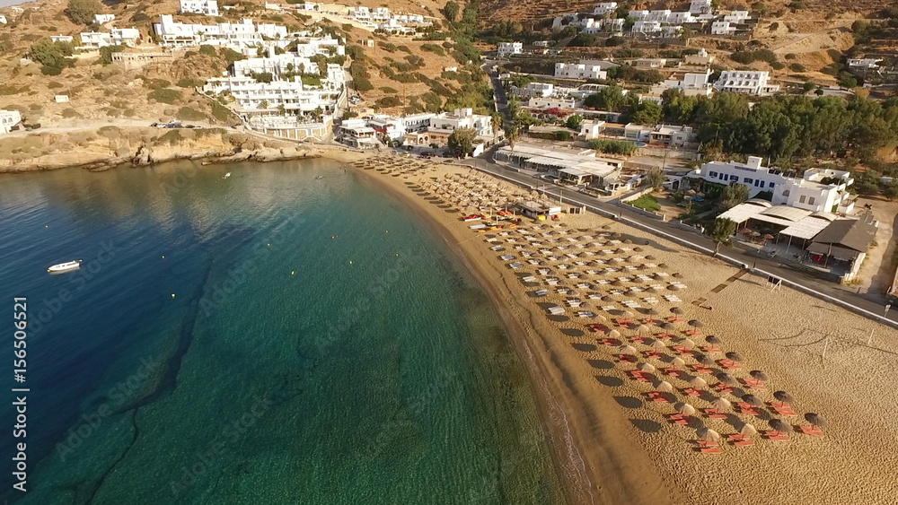 Aerial drone photo of Milopotas beach of Ios island, Cyclades, Greece