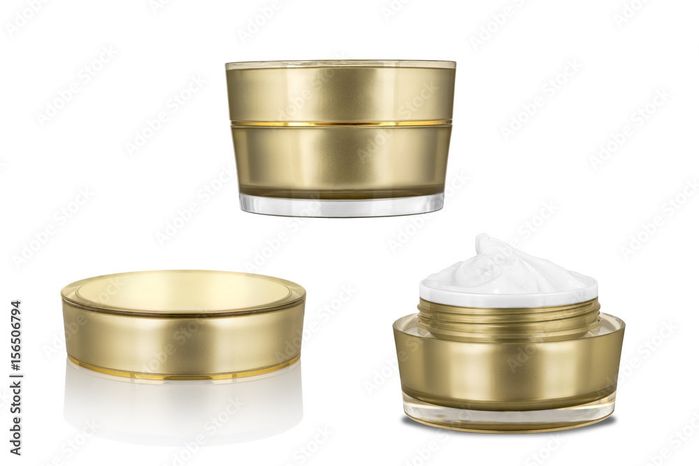 Luxury cosmetic face moisturizing white cream for aged skin in open and closed glossy golden can with matching lid, isolated on white background, clipping path included