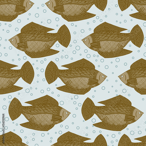 Seamless pattern with gold fish. Vector Wallpaper under water.