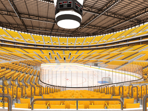 Beautiful sports arena for ice hockey with yellow seats  VIP boxes and floodlights for fifty thousand fans - 3D render