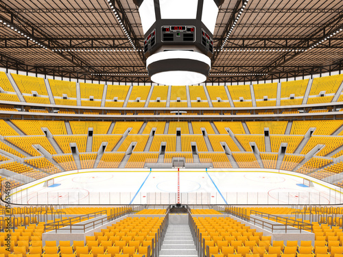 Beautiful sports arena for ice hockey with yellow seats  VIP boxes and floodlights for fifty thousand fans - 3D render