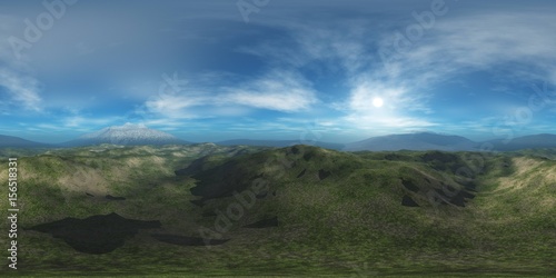 HDRI, environment map, Round panorama, spherical panorama, equidistant projection, Mountain landscape, 3d rendering 