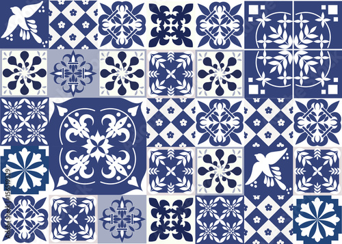 Blue Portuguese tiles pattern - Azulejos vector, fashion interior design tiles