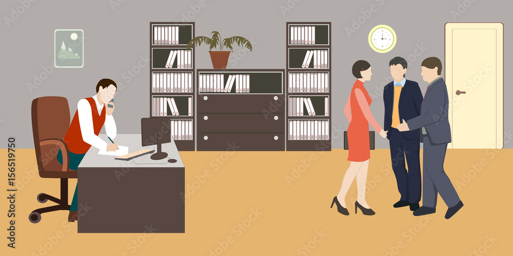 People in room. Office life. Flat style vector illustration. Situation in office. Workplace. Meeting. Men and woman in room. Office interior.
People in room. Office life. Flat style vector illustration. Situation in office. Workplace. Meeting. Men and woman in room. Office interior.