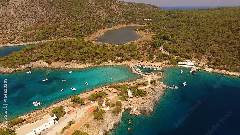 Aerial drone photo of Agistri island, Aponissos with turquoise waters, Saronic gulf, Greece