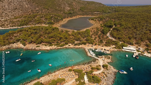 Aerial drone photo of Agistri island, Aponissos with turquoise waters, Saronic gulf, Greece