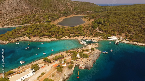 Aerial drone photo of Agistri island, Aponissos with turquoise waters, Saronic gulf, Greece