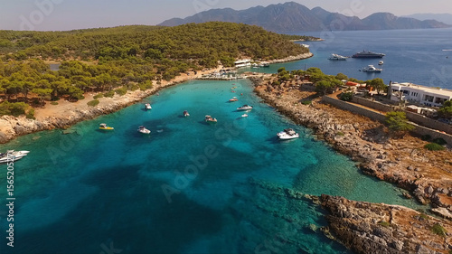 Aerial drone photo of Agistri island with clear waters, Saronic gulf, Greece photo