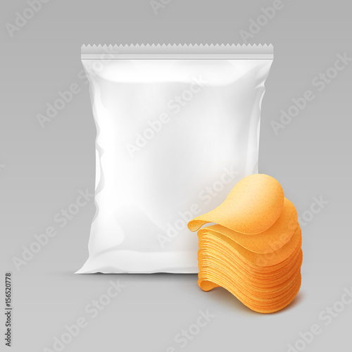 Vector White Vertical Sealed Foil Plastic Bag for Package Design with Stack of Potato Crispy Chips Close up Isolated on Background
