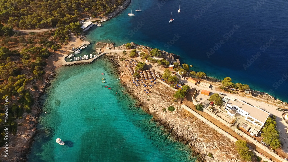 Aerial drone photo of Agistri island with clear waters, Saronic gulf, Greece