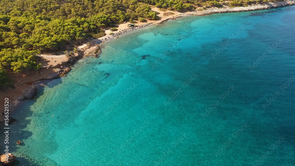 Aerial drone photo of Agistri island with clear waters, Saronic gulf, Greece