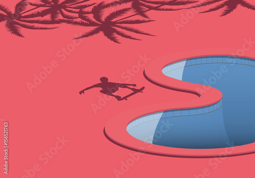 Skating at sunset: shadow of a skater near an empty pool with palm trees.