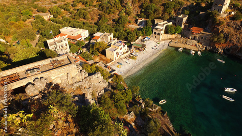 Aerial drone photo of Alipa village by the sea in Mani, Peloponnese, Greece photo