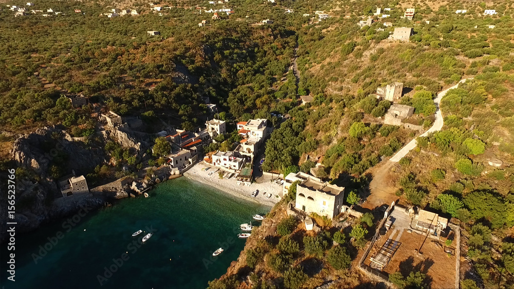 Aerial drone photo of Alipa village by the sea in Mani, Peloponnese, Greece