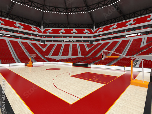 Beautiful modern sport arena for basketball with floodlights white chairs and VIP boxes for twenty thousand people